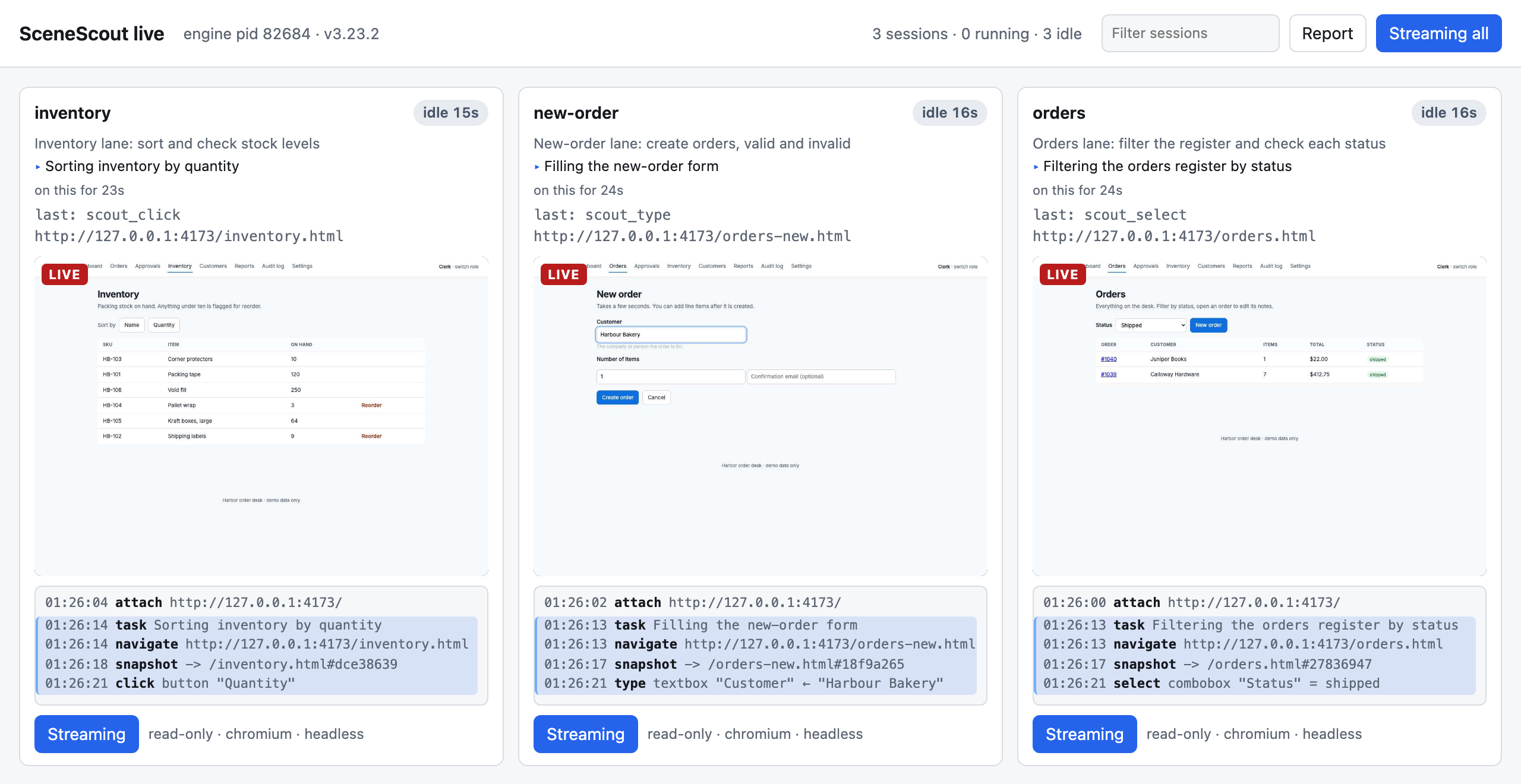 The live view with three agents streaming at once: each card shows its lane, its task, its page live and the actions it just took